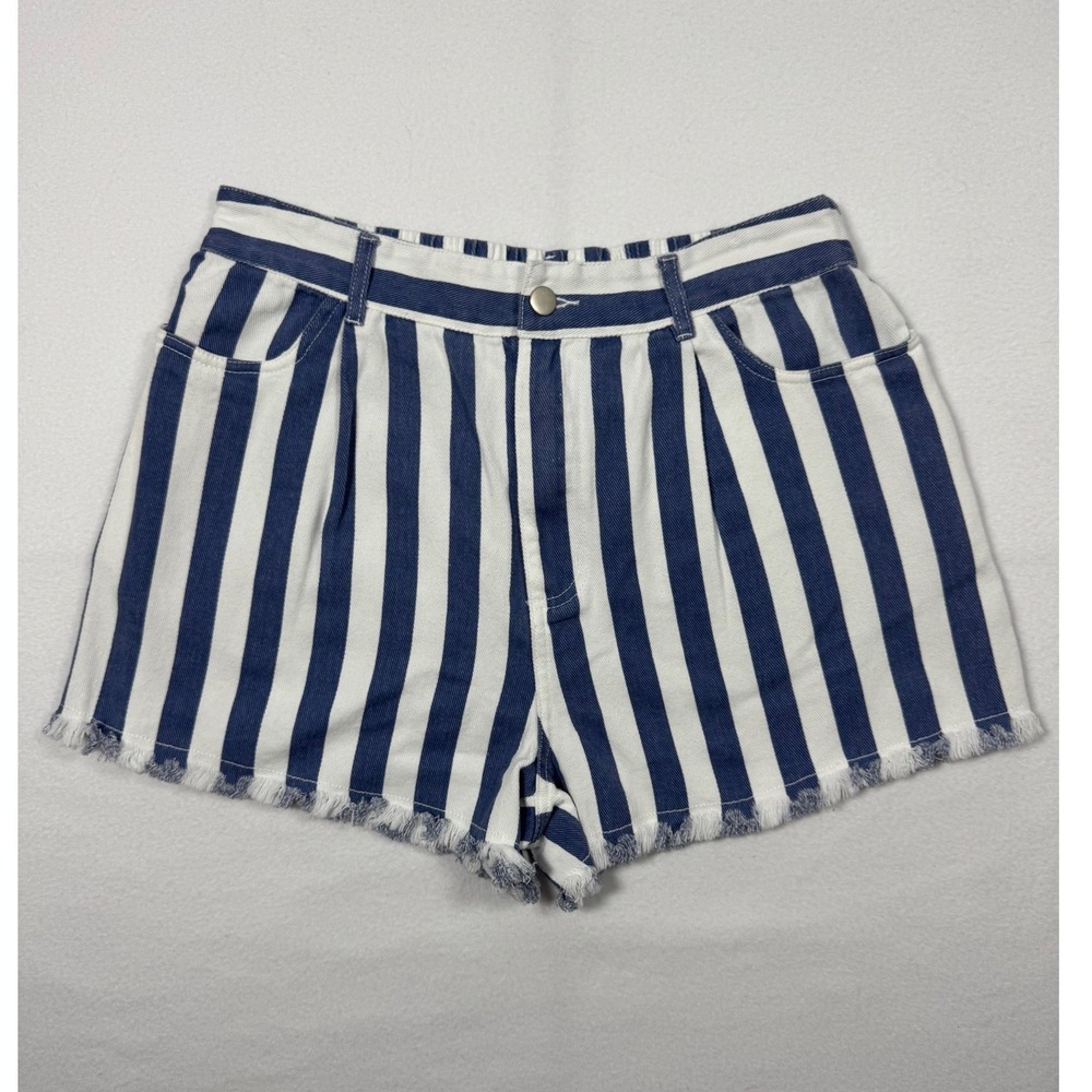 Nautical Coastal Gilli Striped Denim Shorts Womens Medium Blue‎ White